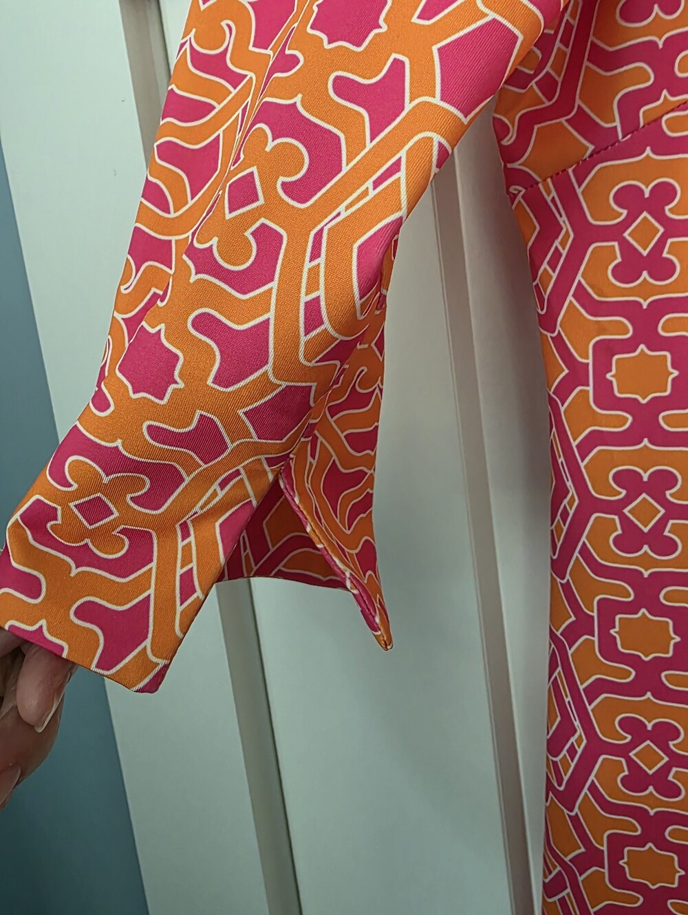 Gretchen Scott Ruffle Neck In Rio Grace Pink and Orange Patterned Dress - Picture 8 of 16
